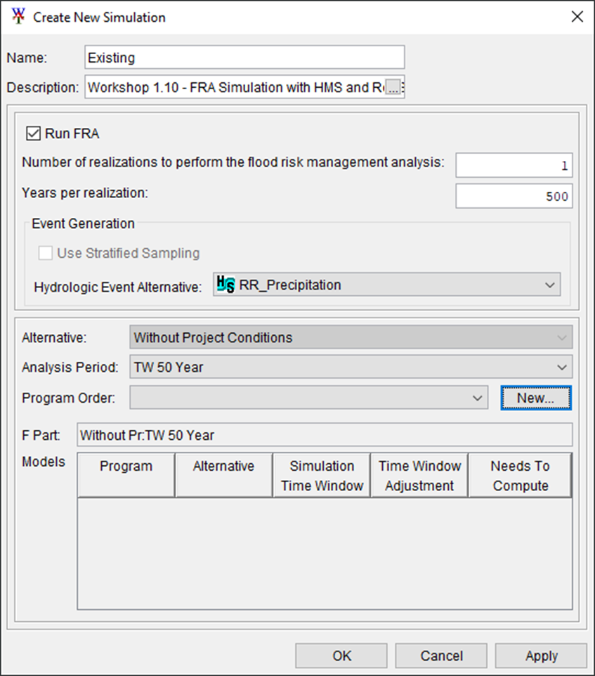 Create New Simulation Dialog - Run FRA Option Selected