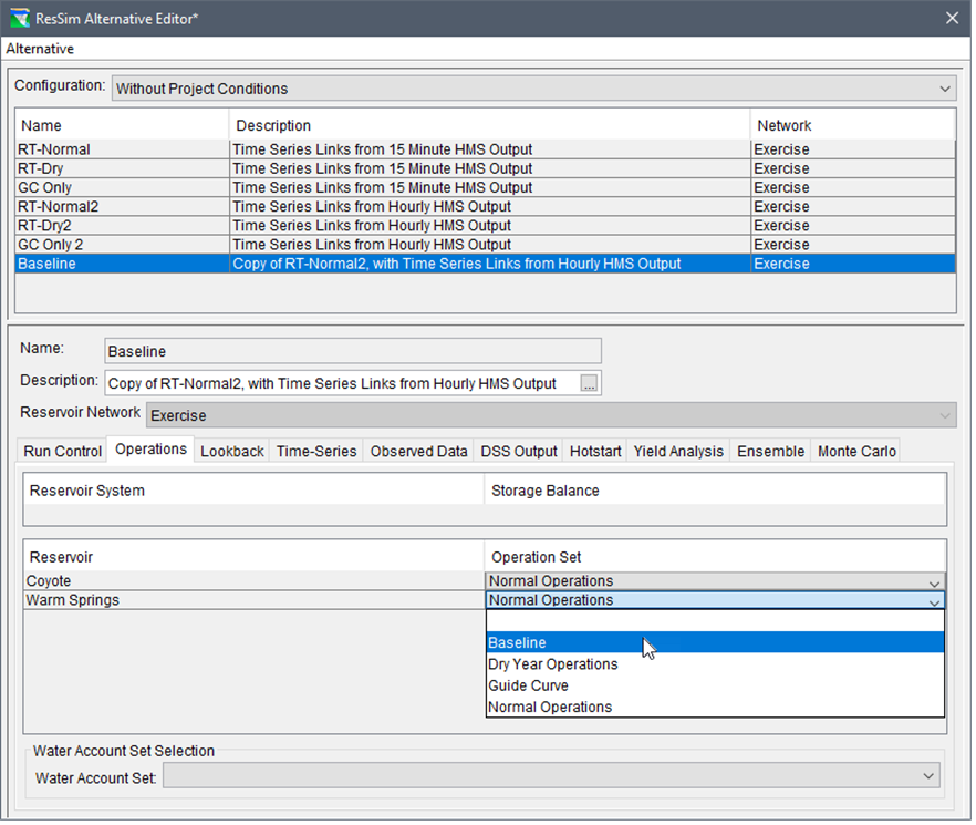 HEC-ResSim Alternative Editor - Operations Tab