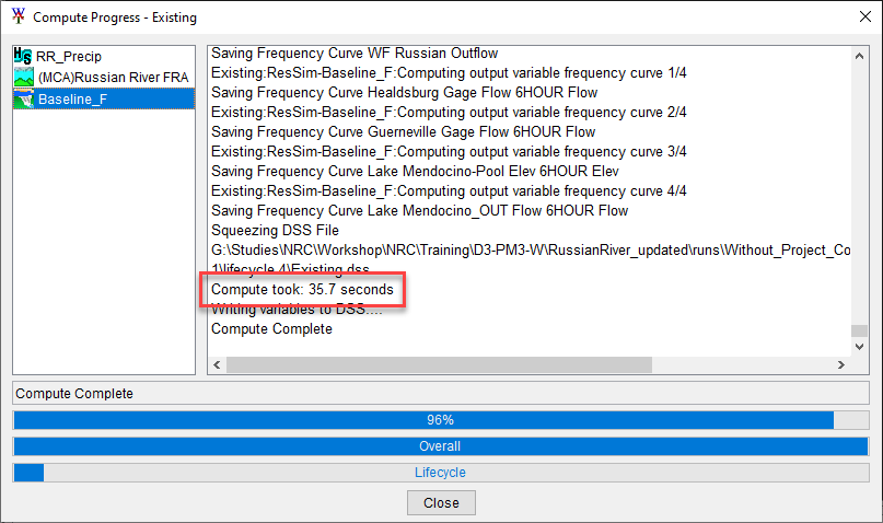 Compute Progress Window Showing Compute Time for Single Event
