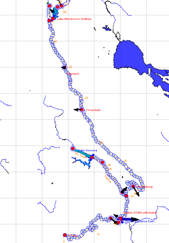Map view of water quality geometry corresponding to previous ResSim network. Reservoirs are represented as a stack of 1D vertical layers. Rivers are modeled with 1D longitudinal cells.