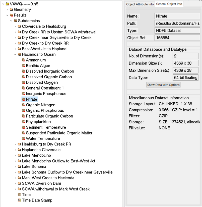 ResSim water quality hdf5 dataset organization. Directories are given for Geometry and Results. In each directory, subdirectories exist for the WQ geometry representation of each ResSim element. Each WQ constituent has it's own dataset in the Results folder.