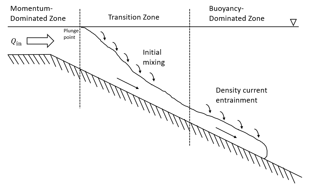 Schematic showing three zones of mixing for a plunging inflow. The first zone is where momentum from the river dominates. The second zone is a transition zone. The third zone is where the buoyancy of the entrained inflow is the largest factor contributing to inflow behavior.