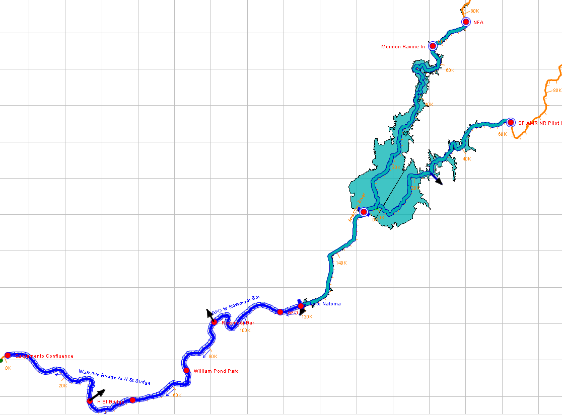 ResSim network schematic of the full lower American River watershed, from Lake Folsom to the confluence with the Sacramento River.