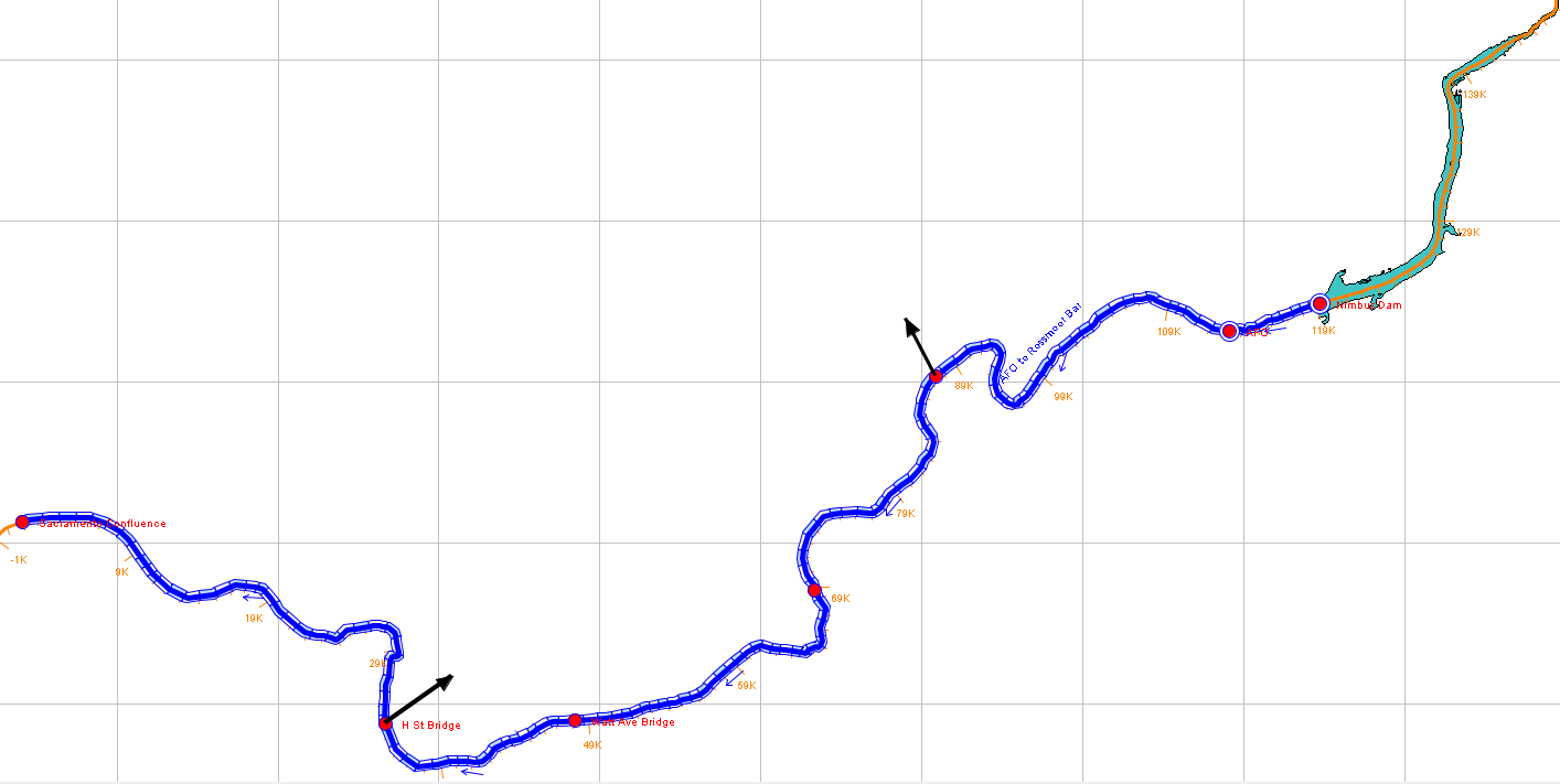 ResSim network schematic for the lower American River only, from the outlet of Lake Natoma to the confluence with the Sacramento River.