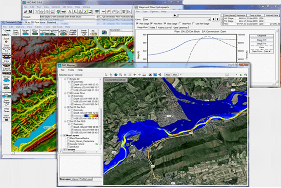 The Hydrologic Engineering Center's (HEC) River Analysis System (HEC-RAS) software allows you to perform one-dimensional steady and 1D and 2D unsteady flow river hydraulics calculations. HEC-RAS is an integrated system of software, designed for interactive use in a multi-tasking, multi-user network environment.