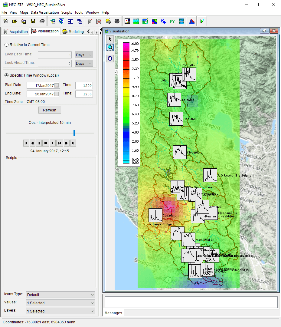 HEC-RTS (Real Time Simulation) is the public version of the Corps Water Management System (CWMS) Control and Visualization Interface, or CAVI. It is a comprehensive data acquisition and hydrologic modeling system for short-term decision support of water control operations in real time. It encompasses data collection, validation and transformation, data storage, visualization, real time model simulation for decision-making support, and data dissemination.