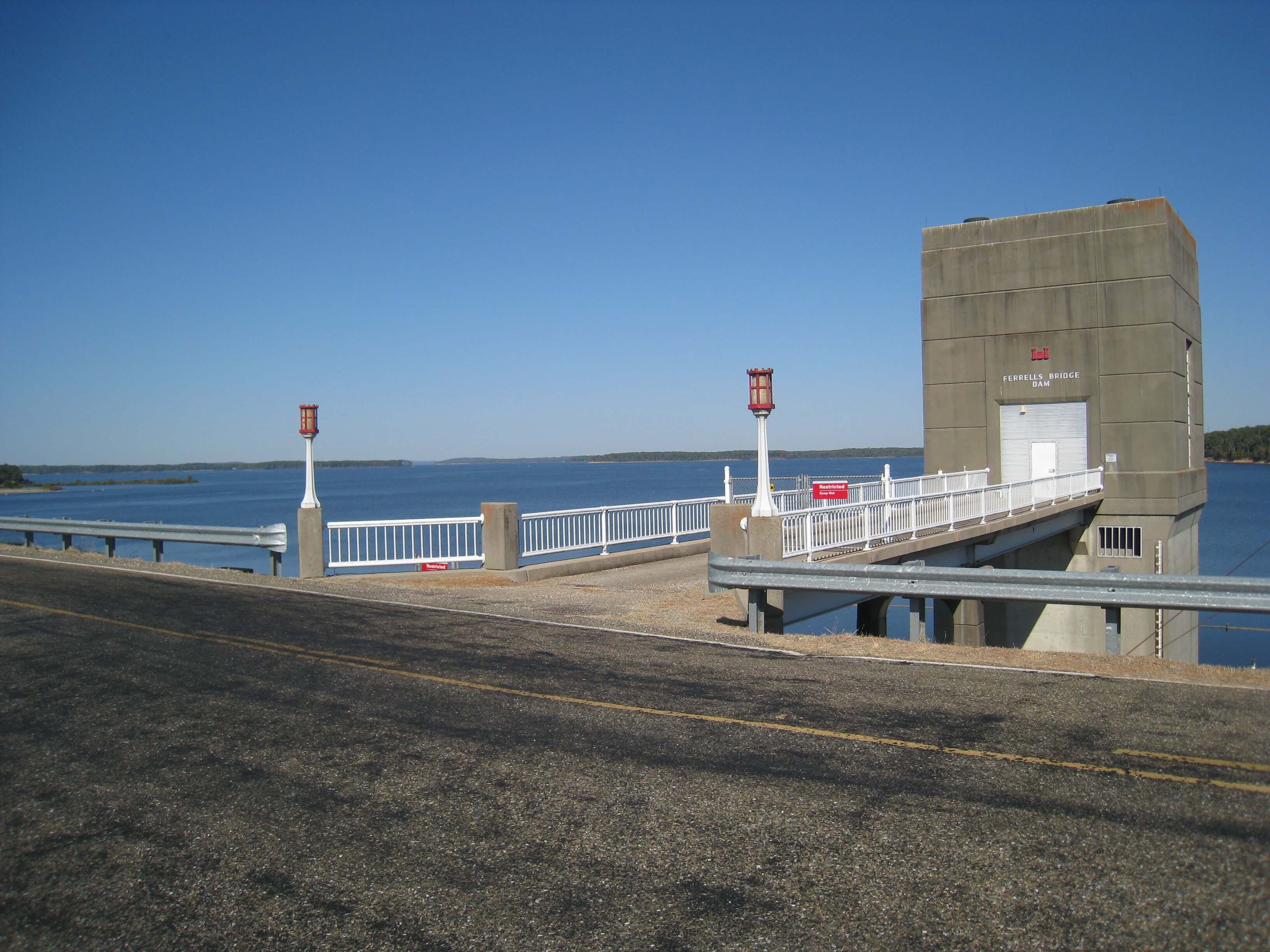 View of the outlet tower and pool at Lake O’ the Pines reservoir.