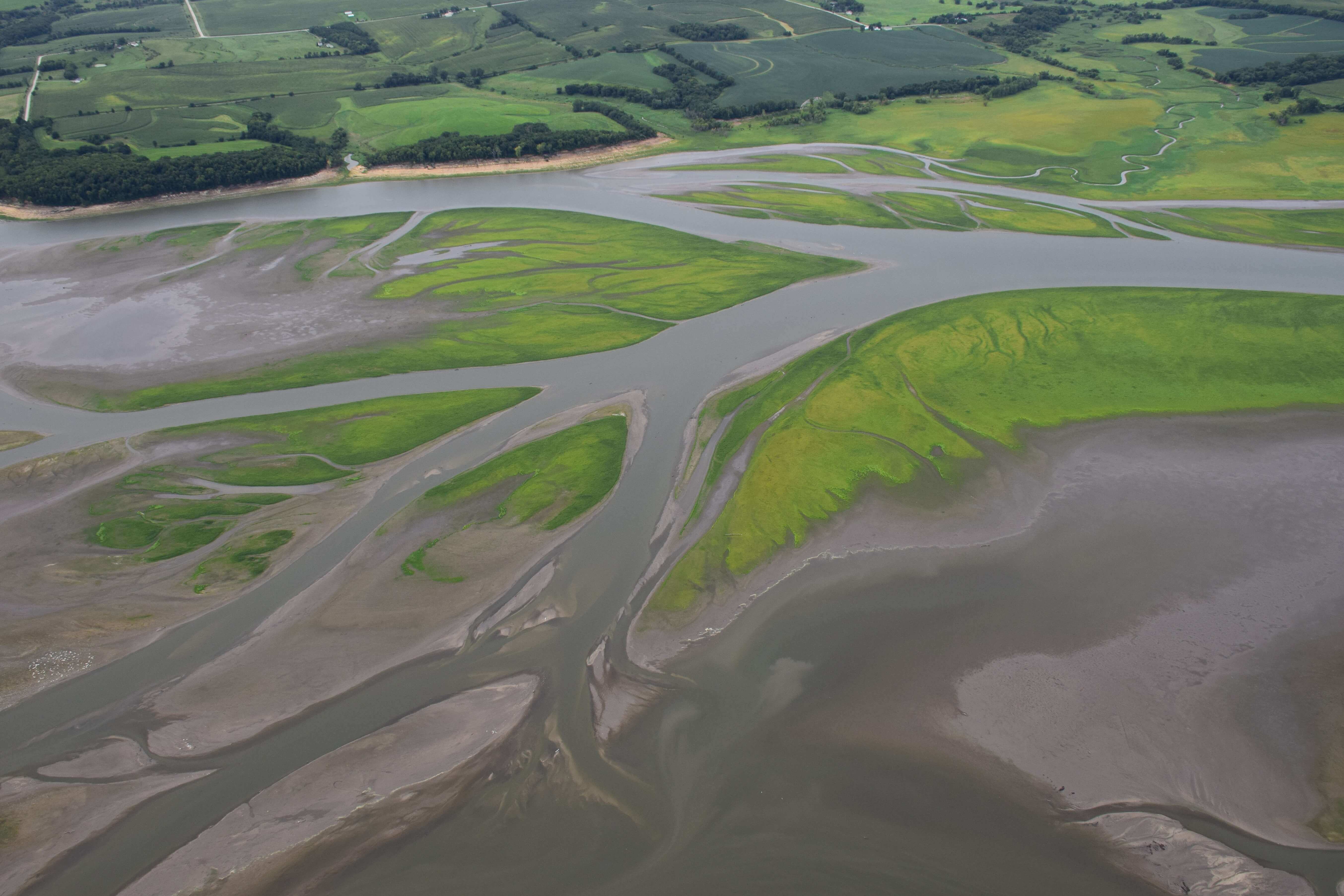 Aerial photo of Lake Red Rock delta. Reservoir delta areas can be managed as shallow wetlands, reducing nutrients, improving water quality, and providing habitat and forage for a variety of birds.