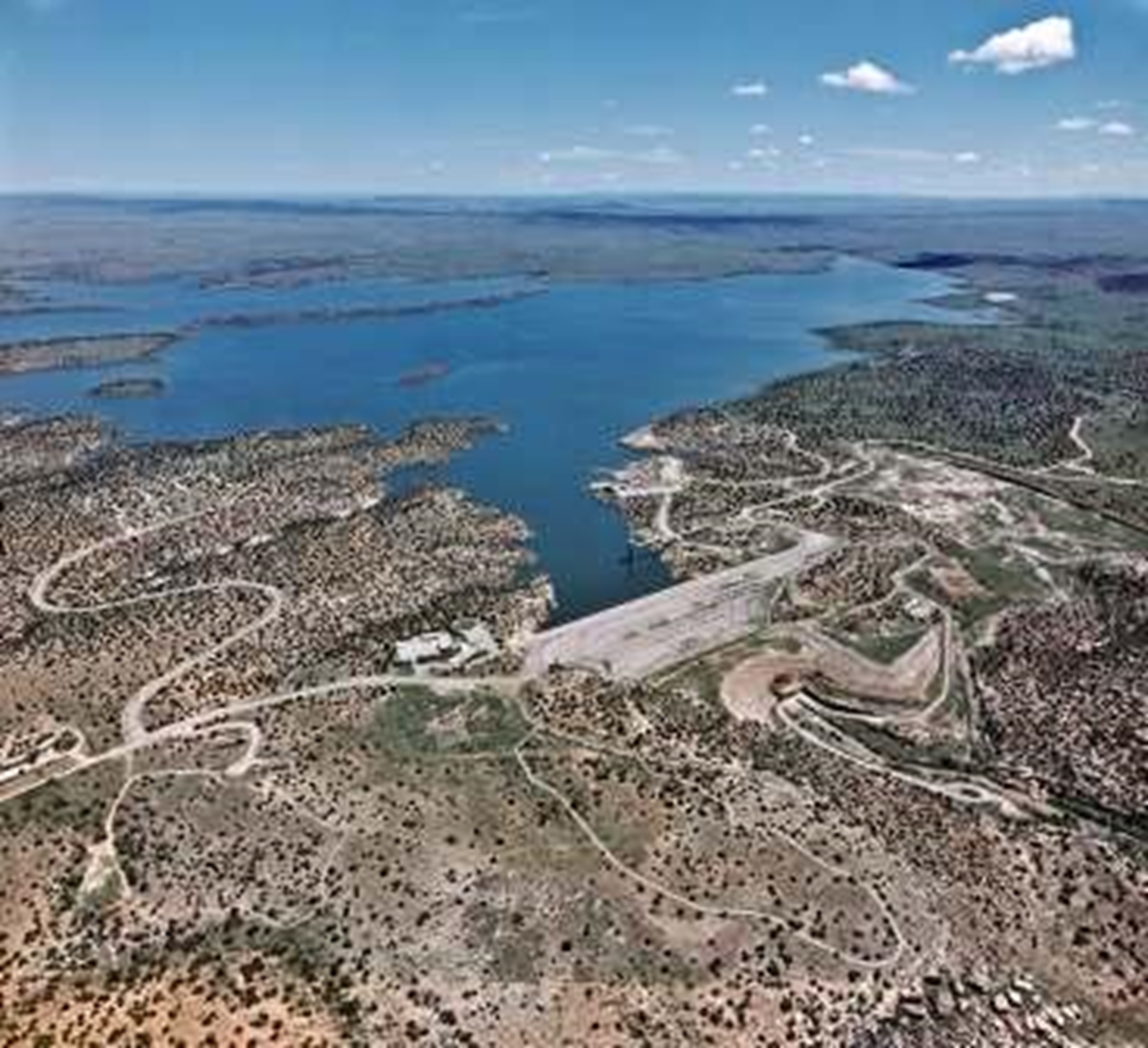Aerial image overlooking the Santa Rosa Dam and Reservoir